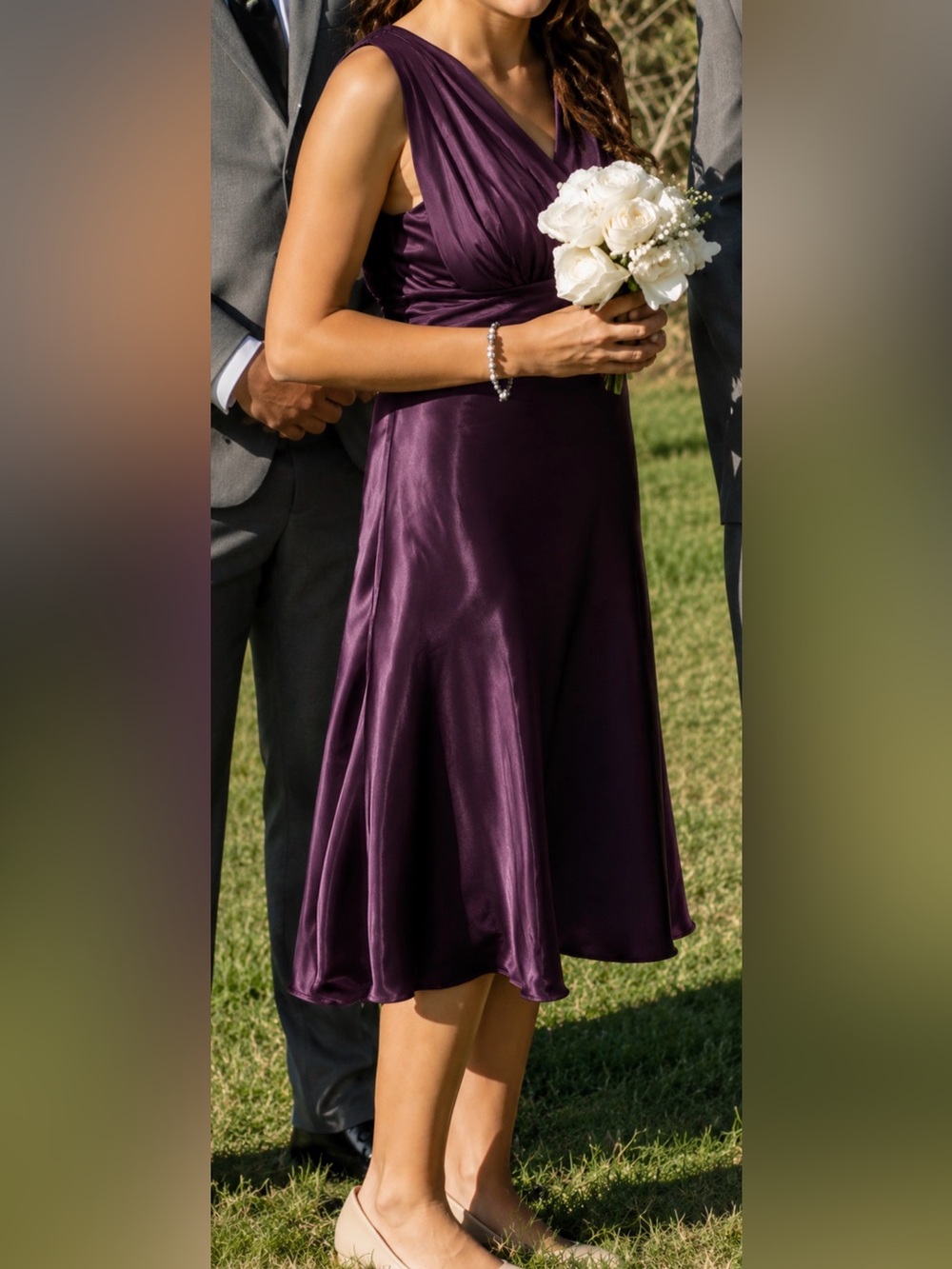 Women’s silky satin formal dress with lace - Purple - size small